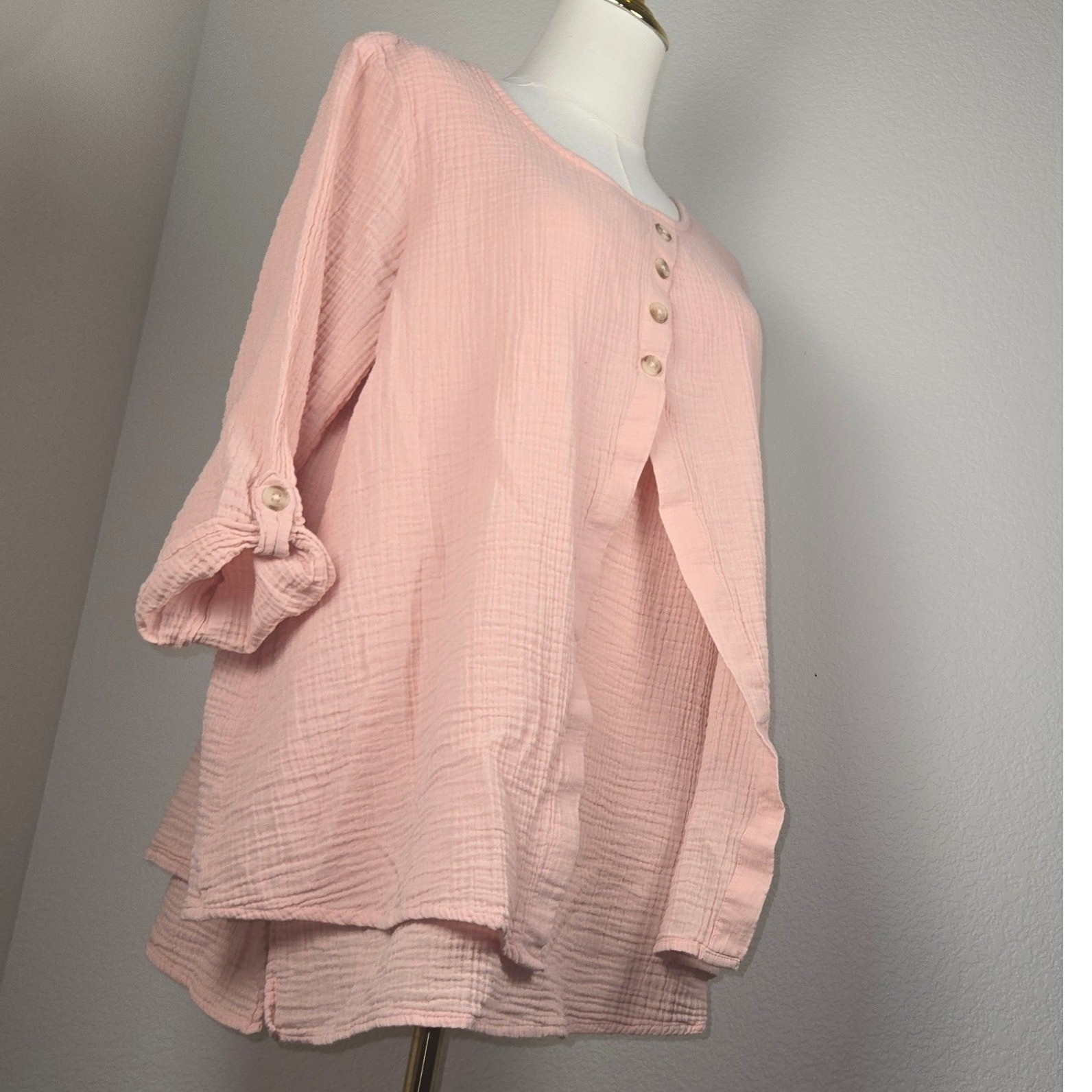 Coldwater Creek Cotton Gauze Lagenlook Blouse Pink Large Button Front 3/4 Sleeve